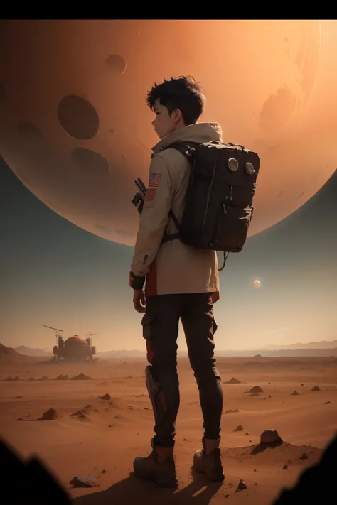 "A lost boy on Mars", back side, face not visible, library  book around, cinematic, "planets around":0.6