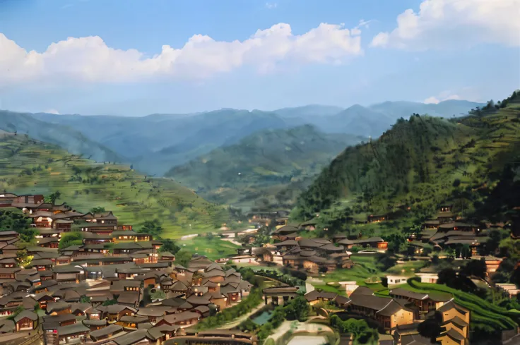 Mountains and valleys dotted with small houses and rivers, Chinese village, dreamy Chinese towns, view of villages, Village, old asian village, guangjian, Ancient Chinese architecture, qiangshu, Picturesque, above a village, sichuan, quaint village, upper ...