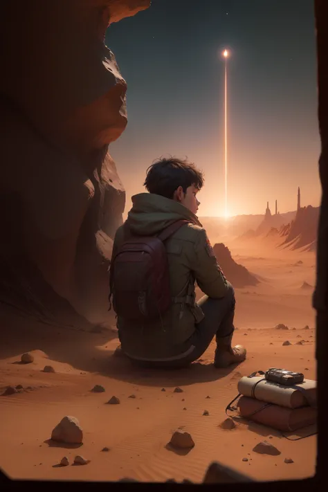 "A lost boy on Mars", back side, face not visible, library  book around, cinematic, "planets around":0.6