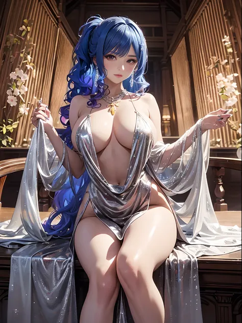 （Enrich the picture，Masterpiece level quality）Beautiful 8K CG artwork，Goddess-like posture，sittinng on the river，Postural exercises，Slim and soft，Translucent skin，Blue hair、The beauty of extra-long hair, Super Long Straight Hair，The skin is fair and juicy，...