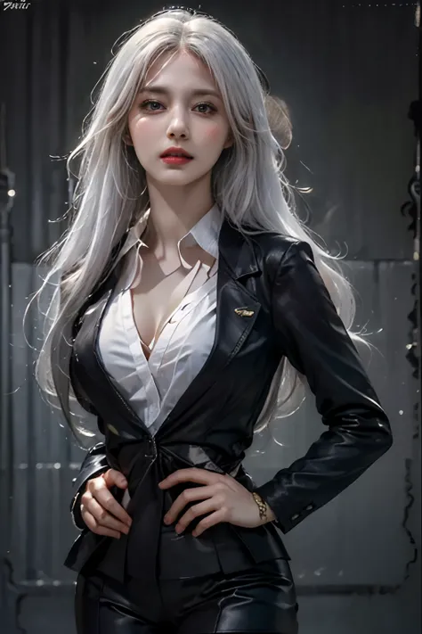 Photorealistic, High resolution, 1womanl, Solo, hips up high, look at viewr, (Detailed face), White hair, Long hair, Black business suit, Mafia, The tattoo, Jewelry