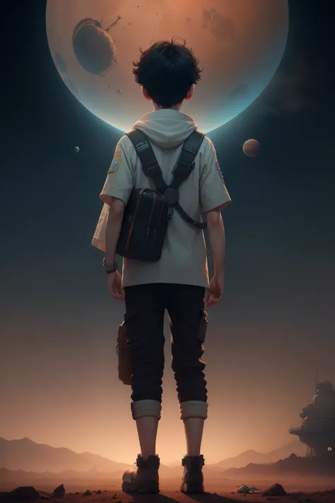 "A lost boy on Mars, Uranus in the sky", boy back side, book around, aliens plane and ship, cinematic, "planets around":0.6