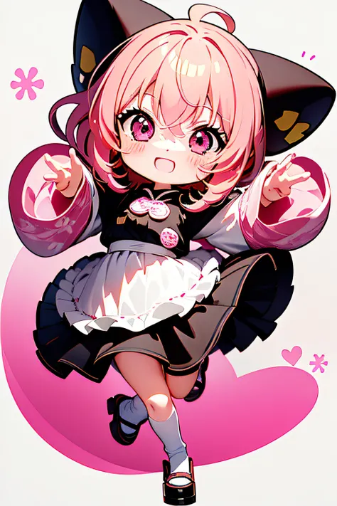 ((Best Quality)), ((masutepiece)),1 girl， animemanga girl，Q Version Characters，Infant body type，Very short in height，Pink hair，a black skirt，Expression that laughs bitterly