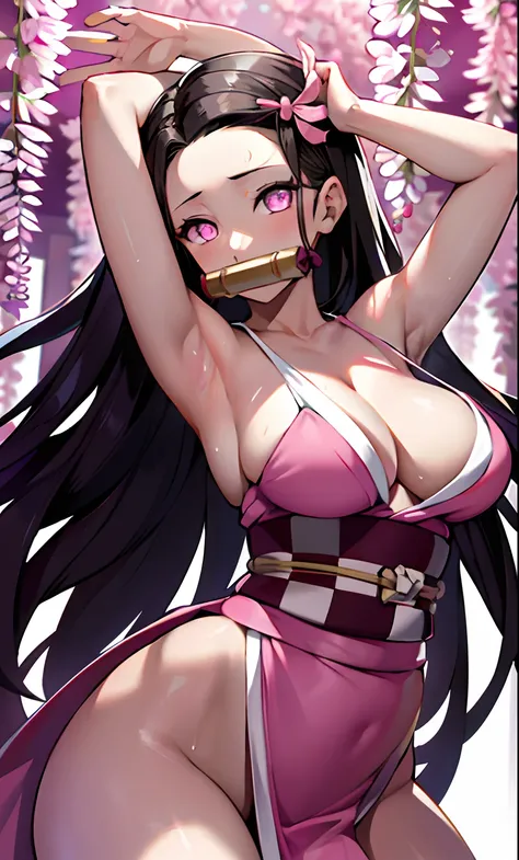 masterpiece, (pink kimono), seductive face, good lighting, décolleté, fine details, masterpiece, glowing eyes, 1girl, black hair, gag, bamboo, Nezuko Kamado, wisteria background, masterpiece, best quality, POV, whole body, wide hips, Presenting armpit, swe...