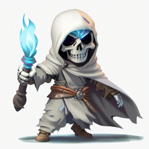 Close up of cartoon character with blue flame, an arcane wizard casting a spell, skeleton warrior, Undead Mage, Fiery Grim Reaper, ghostly necromancer, Reaper Mini, evil death, mower, With a skull wand, undead lich, skeleton knight, game character art, con...