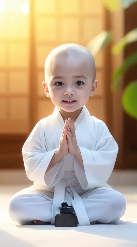 Close-up of a child sitting on the ground in a white robe, he is greeting you warmly, dressed in simple robes, peaceful expression, prayer meditation, blessing hand, little boy wearing nun outfit, peace, wearing white robes with!, very calm and wholesome, ...