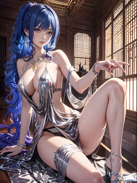 （Enrich the picture，Masterpiece level quality）Beautiful 8K CG artwork，Goddess-like posture，sittinng on the river，Postural exercises，Slim and soft，Translucent skin，Blue hair、The beauty of extra-long hair, Super Long Straight Hair，The skin is fair and juicy，...