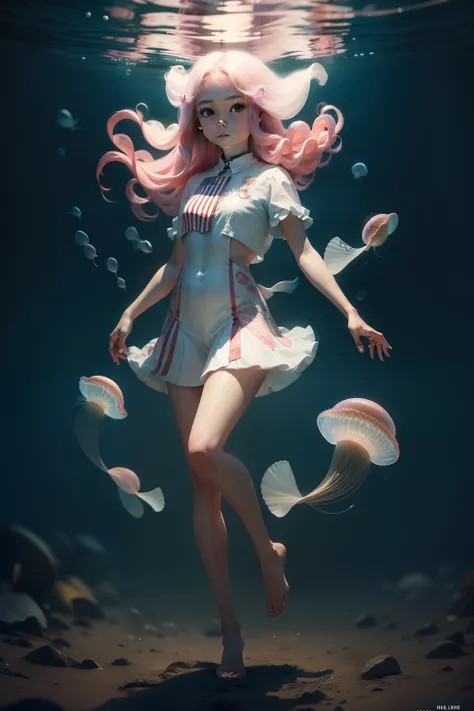 A American girl, hair as jellyfish, full body portrait, fish all around, cinematic