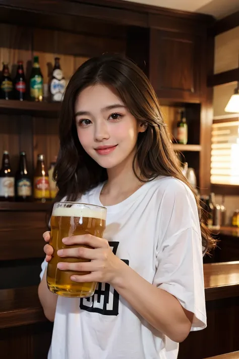 A very beautiful girl,Young face, Hefty Smile, 10 me,Brown hair, Oversized T-shirt,
Bar,holding a beer mug,Beer in both hands,
独奏,1girl in,Xinhua State
break
(masutepiece, Best quality,Ultra-detailed)