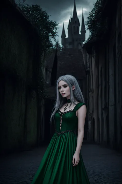 a woman with grey hair and a green dress in front of a castle, gothic city streets behind her, photo of a beautiful woman, gorgeous woman, very beautiful elven top model, perfect white haired girl, beautiful model girl, beautiful girl model, fantasy woman,...