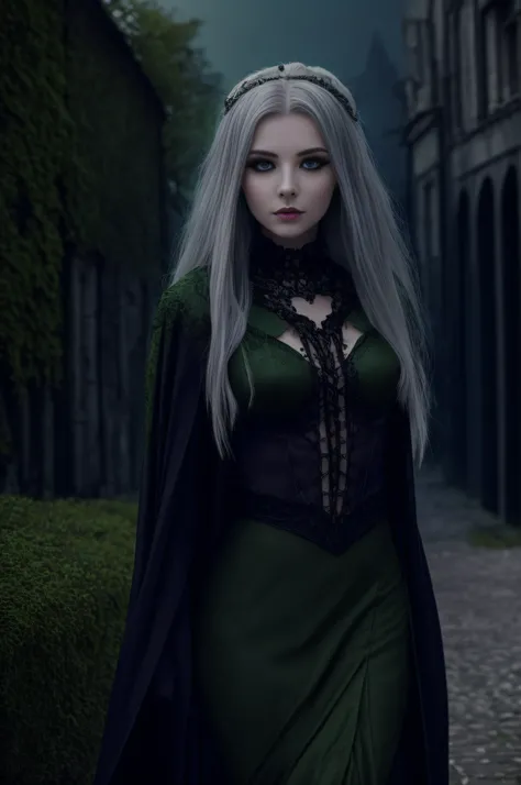 a woman with grey hair and a green dress in front of a castle, gothic city streets behind her, photo of a beautiful woman, gorgeous woman, very beautiful elven top model, perfect white haired girl, beautiful model girl, beautiful girl model, fantasy woman,...