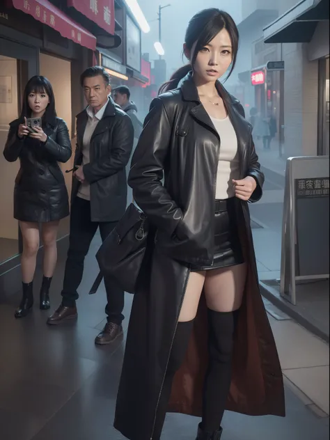 Chinese woman posing for photo in short skirt and coat，supermodel in silent hill，glamorous jill valentine，SIL from species，silent hill style，woman is in a trenchcoat，Gordon Freeman as a woman，heroines，Rosamund Peck plays the doctor，wearing a leather trench...