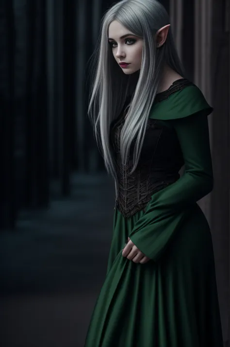 a woman with grey hair and a green dress in front of a castle, gothic city streets behind her, photo of a beautiful woman, gorgeous woman, very beautiful elven top model, perfect white haired girl, beautiful model girl, beautiful girl model, fantasy woman,...