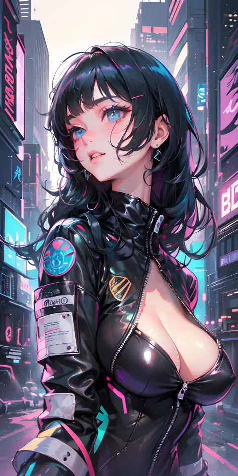 1girll, Breasts, Night, Solo, Large breasts, Yellow jacket, Bomber Jacket, Porcelain skin, Subtle blush, holographic hair, Black hair, cropped shoulders, Futuristic, Cyberpunk city, City lights, catsuits, cleavage, bladerunner, bangs, Long hair,(Perfect fa...