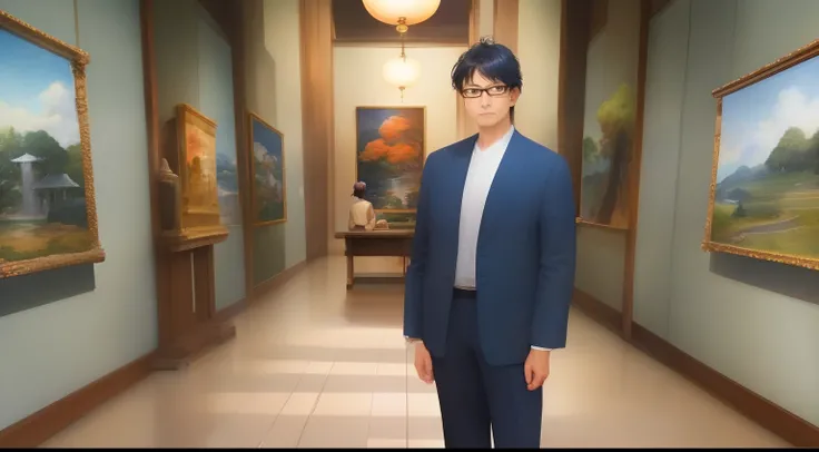 Japan man looking at a painting in a museum、Age is 50 years、a handsome、Wearing a dark blue suit、wears glasses、Well-formed face、tall、FULL BODYSHOT、wide Shots、Straight face、Decorated with overseas landscape paintings、Mysterious atmosphere