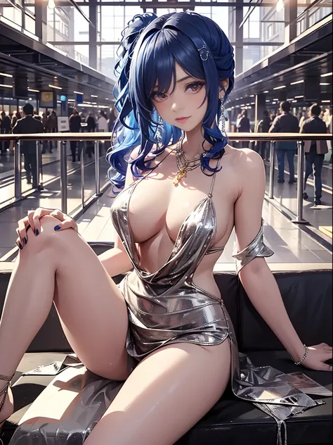 （Enrich the picture，Masterpiece level quality）Beautiful 8K CG artwork，Goddess-like posture，Sitting at the airport，Postural exercises，Slim and soft，Translucent skin，Blue hair、The beauty of extra-long hair, Super Long Straight Hair，The skin is fair and juicy...