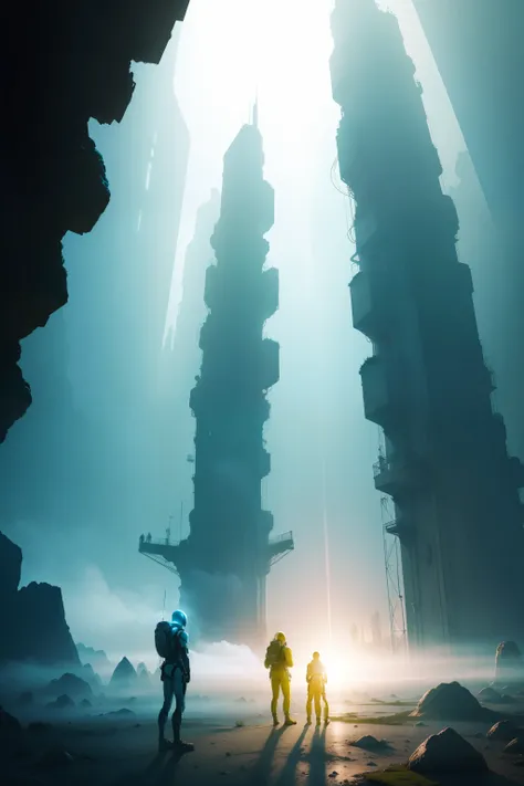 humans in techsuits,alien world,alien animals,alien ruins,bright colors,mist,backlight