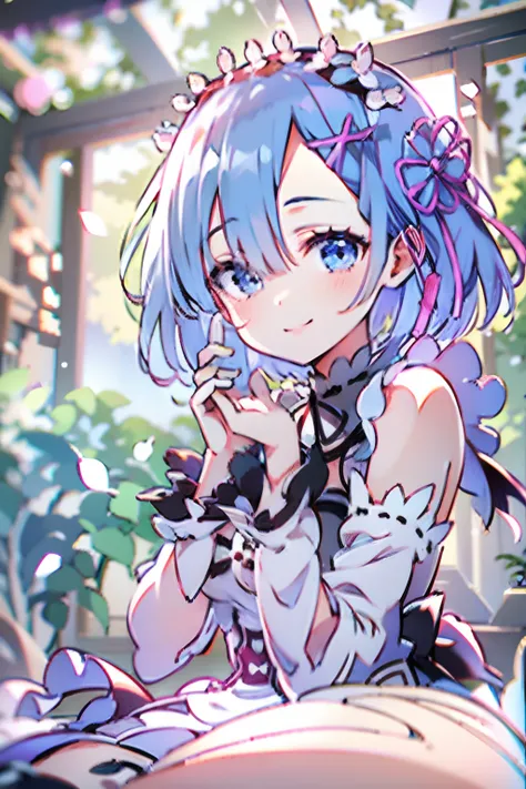 (highly detailed:1.3), rem re:zero, blue hair, short hair 
1girl, solo,
horb, (light smile:1.2), arms behind head, wariza, 
ultr...