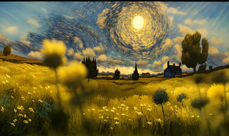 Draw in a field on sky background, in the style of van gogh, Van Gogh style, van gogh art style, Vincent Van Gogh style, Inspired by Van Gogh, 4k highly detailed digital art, inspired by Vincent Lefevre, Inspirado por Vincent van Gogh, 4K detailed digital ...