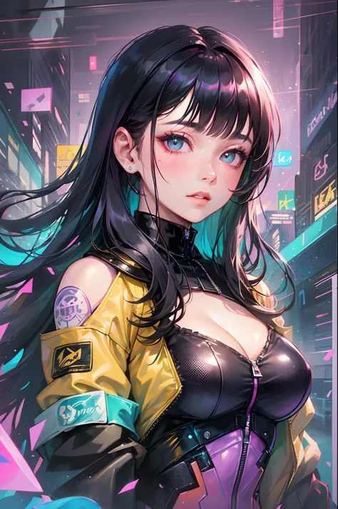 1girll, Breasts, Night, Solo, Large breasts, Yellow jacket, Bomber Jacket, Porcelain skin, Subtle blush, holographic hair, Black hair, cropped shoulders, Futuristic, Cyberpunk city, City lights, catsuits, cleavage, bladerunner, bangs, Long hair,(Perfect fa...