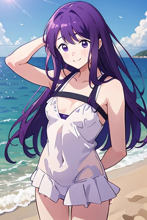 best quality, kubo_san, 1girl, white swimsuit,  long purple hair, purple eyes, smile, blush,standing, arms behind back, upper body, outdoors, beach, sunshine, sea, Presenting armpit, sweaty armpit, arm up, condom belt