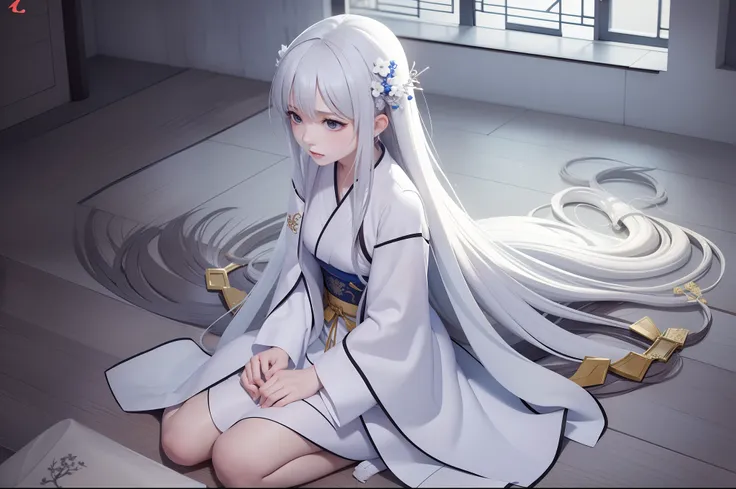 Locked up in prison，Bruises ， A girl in Hanfu, Guviz-style artwork, White Hanfu, Guviz, flowing hair and long robes, by Yang J, Hanfu, Anime girl with long hair, trending on cgstation, style of anime4 K, Beautiful anime girl