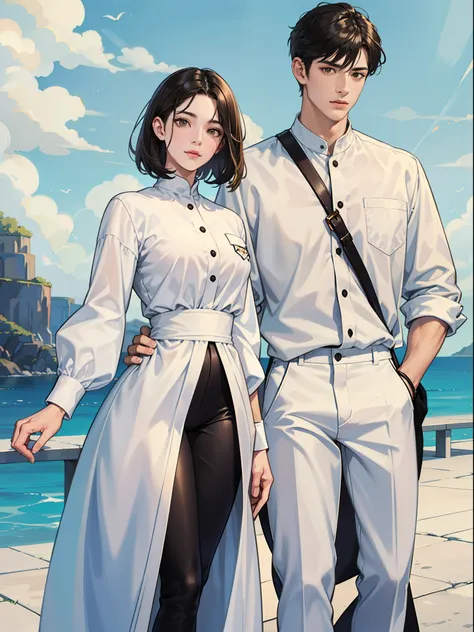 The picture shows a couple，Man wears white shirt jeans，Handsome，High value，tall nose bridge，largeeyes，二重まぶた，mixed race，Tall，Black color hair，Brown eyes，Eye symmetry，Look at the girl，，A beautiful woman in a white dress，Short-haired black hair，Eye symmetry，B...