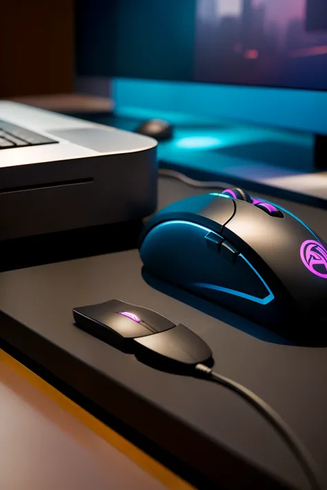 A mouse，At the computer desk，There is a keyboard and mouse pad next to it，wide camera angle+Cinematic level photography+Professional-grade product lighting，incredibly detailed，cyber punk perssonage