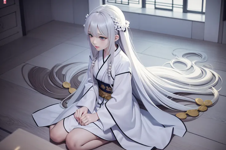 brunette color hair，Locked up in prison，Bruises ， A girl in Hanfu, Guviz-style artwork, White Hanfu, Guviz, flowing hair and long robes, by Yang J, Hanfu, Anime girl with long hair, trending on cgstation, style of anime4 K, Beautiful anime girl