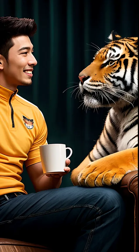 three men in yellow jersey with tiger logo sitting on a couch with a tiger behind them while drinking coffee and cheering watching television, cyberpunk theme, holding cup of coffee,  tigers, tiger_beast, malaysian, actor, fattah amin and farid kami, zizan...