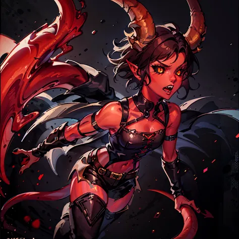 1girl, tiefling, red skin, yellow eyes, black sclera, pointy ears, horns, short brown hair, sharp teeth, black sleeveless shirt, black shorts, rogue outfit, demon tail, black boots, goggles on head, perfect anatomy, cowboy shot