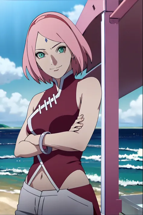 masterpiece, anime style: 1.9, 1girl, hires, haruno sakura, contrasty lighting, forehead mark, red hairband, pale skin, short hair, red sleeveless dress, white pants, navel,   groin,   bracelet, looking at viewer, crossed arms, smile, beach, wind, floating...