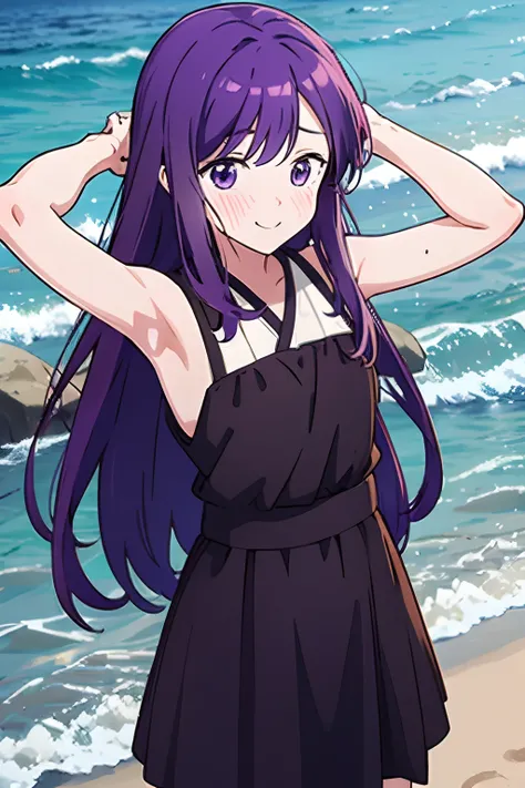 best quality, kubo_san, 1girl,((loli)),small brest,  long purple hair, purple eyes, smile, blush,standing, arms behind back, upp...