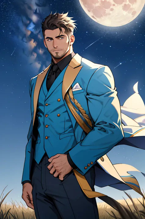 Draw a full-fledged footballer，Standing on the steppe at night，Quiet and comfortable background，He wears the same suit as the countrys president，The suit fits perfectly，Handsome face，eyes with brightness，The man looks confident and determined，looking-down，...