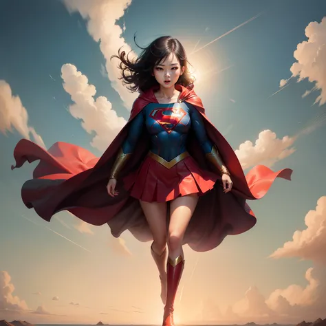 Cute Girl Supergirl Costume Red Short Skirt Asian Two-Dimensional Painting Style Clear Face Full Body Flight Sky Background Black Hair Short Hair Hands Straight Fly in the Sky Legs Straight Expression Easy Happy Long Wide Red Cloak Fly High