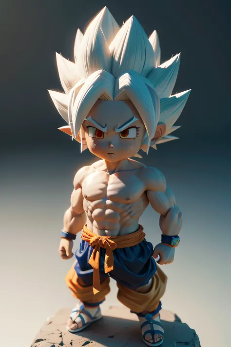 Goku, Super Saiyan, Delicate Hair, Arm Carving, White Blue Hair All Over, Delicate Shoes, Eye Carving, Delicate Hair, Popmart Blind Box, Clay Texture, Stepping on the Land, Black and White Background, Natural Light, Best Quality, Hyper Detail, 3D Art, C4D,...