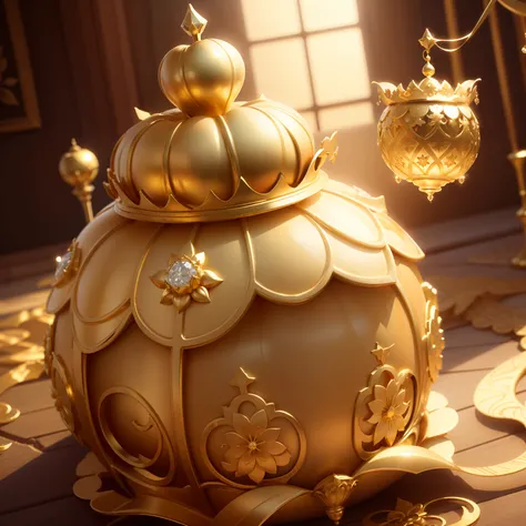 a goldapple as a house with a crown as a roof and diamond flowers around it.-imagine -