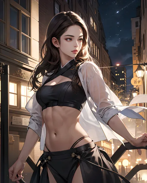 ((Realistic lighting, best qualtiy, 8k, tmasterpiece:1.3)), sharp fokus:1.2, 1girl, Beautiful Women with Perfect Figure:1.4, Slim abs:1.1, ((dark brown  hair)), (:1.4）,（exteriors，during night：1.1），the city street，Ultra-fine face，Fine eyes，二重まぶた，