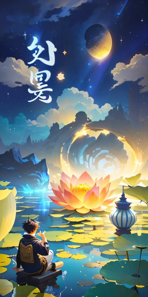 A boy sits on a lotus，looking at the stars，The background is a starry sky and clouds，中景 the scene is，4K， Mobile game art, Official artwork, By Li Song, concept art magical highlight, official fanart, background artwork, author：Shitao, !dream concept art, O...