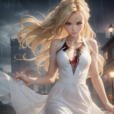 18 Yo girl, White Spider-Man dress, with long coiled hair， Blonde, Beautiful face, rain, Roof, Masterpiece, intricately details, Perfect anatomy, Facial and body details.