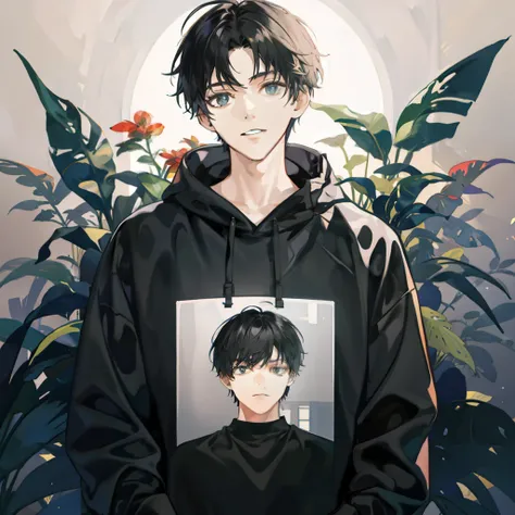 A boy with，with short black hair，Wearing a black sweatshirt，simplebackground，Frontal display