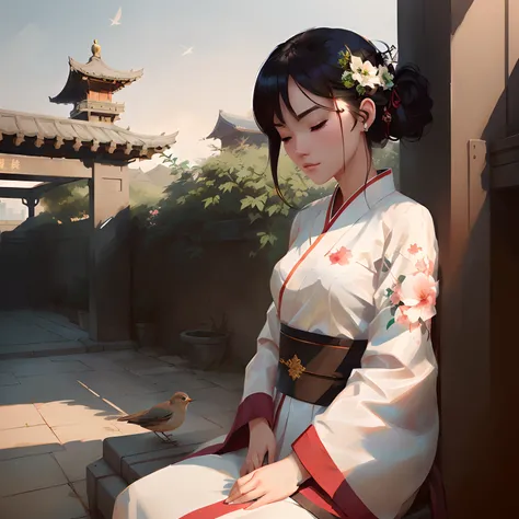 there is a photo realistic woman sitting on a bench with a bird in her hand, artwork in the style of guweiz, palace ， a beautiful asian girl in hanfu, perfect closed eyes, long lashes,  beautiful character painting, guweiz, ross tran and wlop, loish and wl...