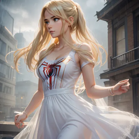 18 Yo girl, White Spider-Man dress, with long coiled hair， Blonde, Beautiful face, rain, Roof, Masterpiece, intricately details, Perfect anatomy, Facial and body details.