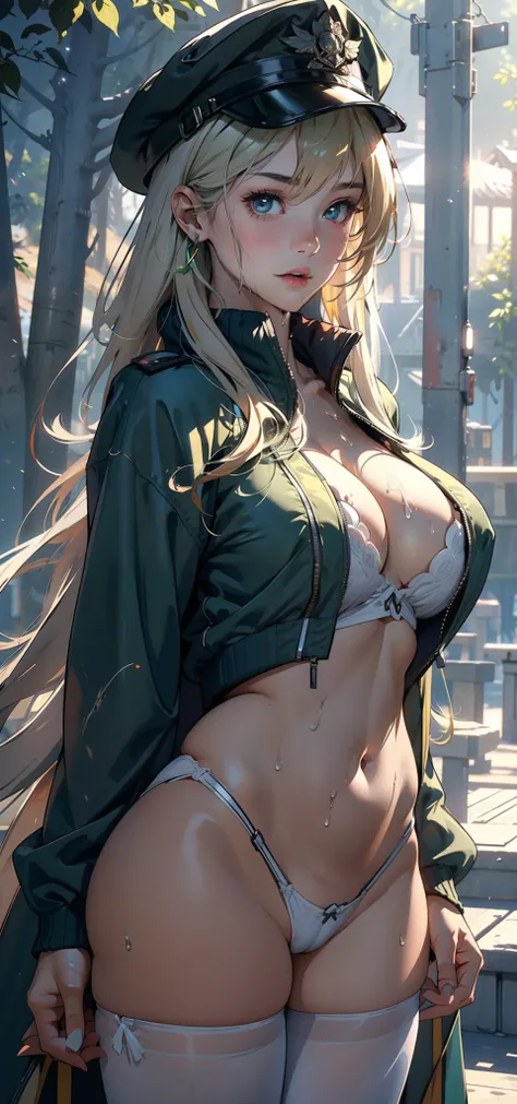 1female，11yo，teens girl，Huge breasts， long leges，独奏，（Wearing：green colored bomber jacket，White officers cap，Black pantyhose）， Pornographic exposure，ln the forest，  She has long flowing blonde hair， Bare genitalia，Sateen，Bigchest， From the front side， Wet s...