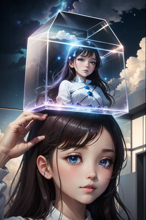 Illustration of glass cube girl surrounded by magical sky of stars and clouds。