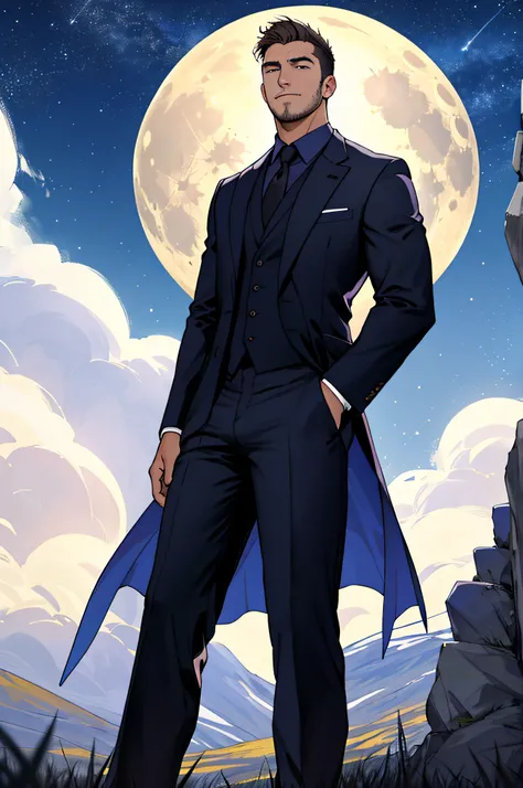 Draw a full-fledged footballer，Standing on the steppe at night，Quiet and comfortable background，He wears the same suit as the countrys president，The suit fits perfectly，Handsome face，eyes with brightness，The man looks confident and determined，looking-down，...