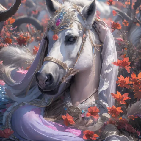 32K（tmasterpiece，k hd，hyper HD，32K），Long flowing black hair，Autumn Pond ，Blue and white horse protector （realisticlying：1.4），Carp pattern red robe，Purple-pink tiara，Petals flutter，The background is pure，Hold your head high，Be proud，The nostrils look at peo...