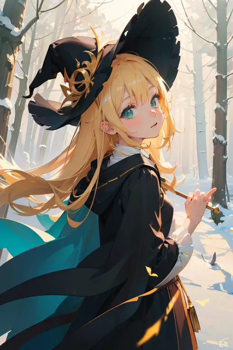 (Best Quality), (masutepiece), (Ultra Details), (Cinematic poster), Cute little girl of 10 years old with black cat, ((sorcerer’s apprentice), (sorcerer’s large hat), (sorcerer’s cape), (upper body), (platina blond hair), incredibly long waved hair, green ...