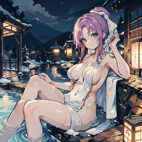 masutepiece, Fine detail, 4K, 8K, 12K, Solo, 1 person, Beautiful Girl, caucasian female, Minro、enter hot spring, Big breasts, Naked, Completely naked, Roll up a towel, enter hot spring, Towel, Smile, japanese onsen , Snow, lantern, Night