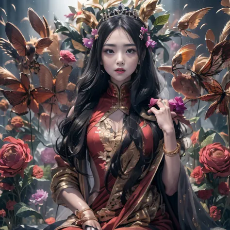 Outer space 32K（tmasterpiece，k hd，hyper HD，32K），Long flowing black hair，ponds ，Mantis protector （realisticlying：1.4），Red robe with a flame pattern，Purple-pink tiara，Petals flutter，The background is pure，Hold your head high，Be proud，The nostrils look at peo...